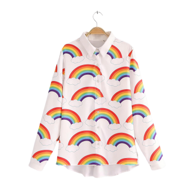 White Long-Sleeve Shirt with Colorful Rainbow Print
