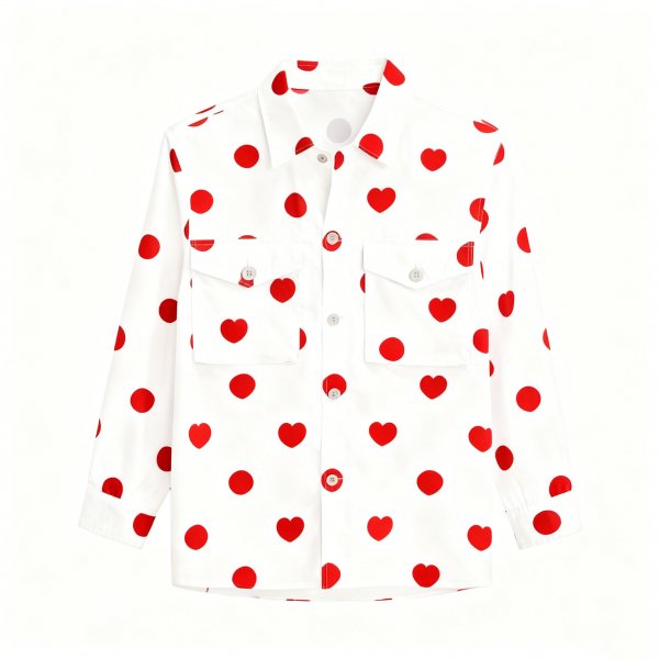 Women's White Shirt with Red Heart & Polka Dot Print