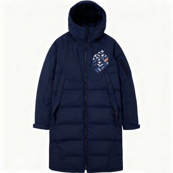 Men's Navy Long Puffer Jacket with Geometric Diamond Print