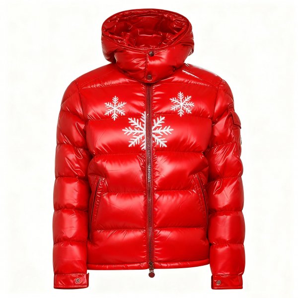 Men’s Glossy Red Nylon Puffer Jacket with Multi-Snowflake Embroidery