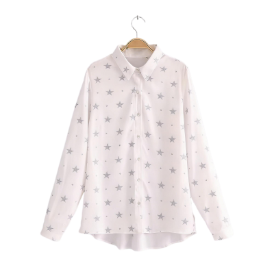 White Long-Sleeve Shirt with Silver Star Print
