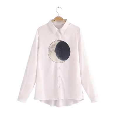 White Long-Sleeve Shirt with Moon Graphic Print