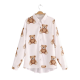 White Long-Sleeve Shirt with Brown Teddy Bear Print