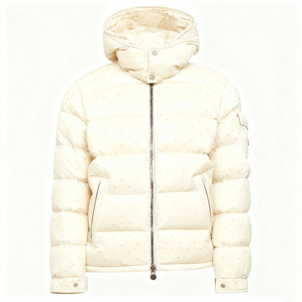 Men’s Cream Beige Puffer Jacket with Subtle Metallic Dot Print