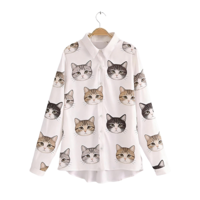 White Long-Sleeve Shirt with Cute Cat Face Print