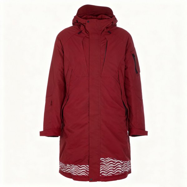 Men's Burgundy Long Coat with White Wave Hem Print