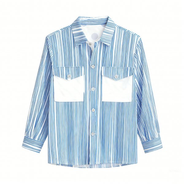 Women's Blue & White Striped Shirt with Solid Pockets