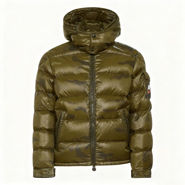 Men’s Olive Green Camouflage Shiny Puffer Jacket with Sleeve Patch