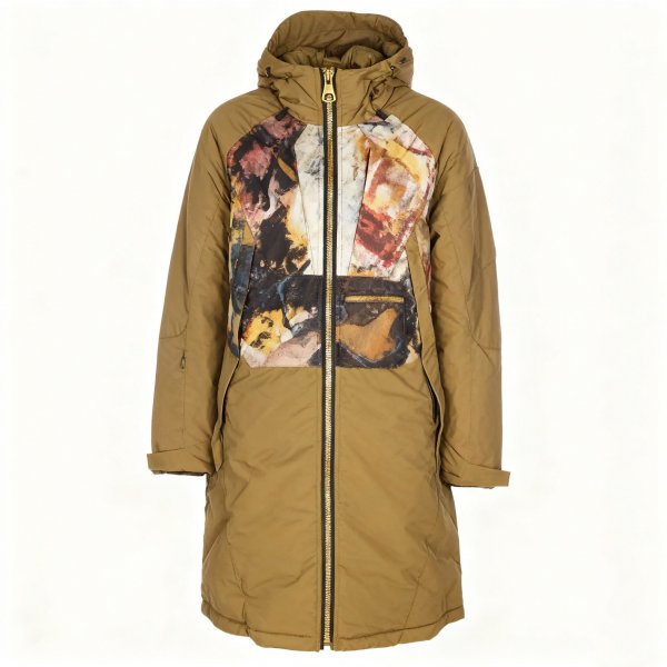 Men's Khaki Long Coat with Abstract Graffiti Panel Print