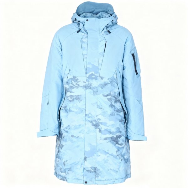 Men's Light Blue Long Coat with Camouflage Panel Print